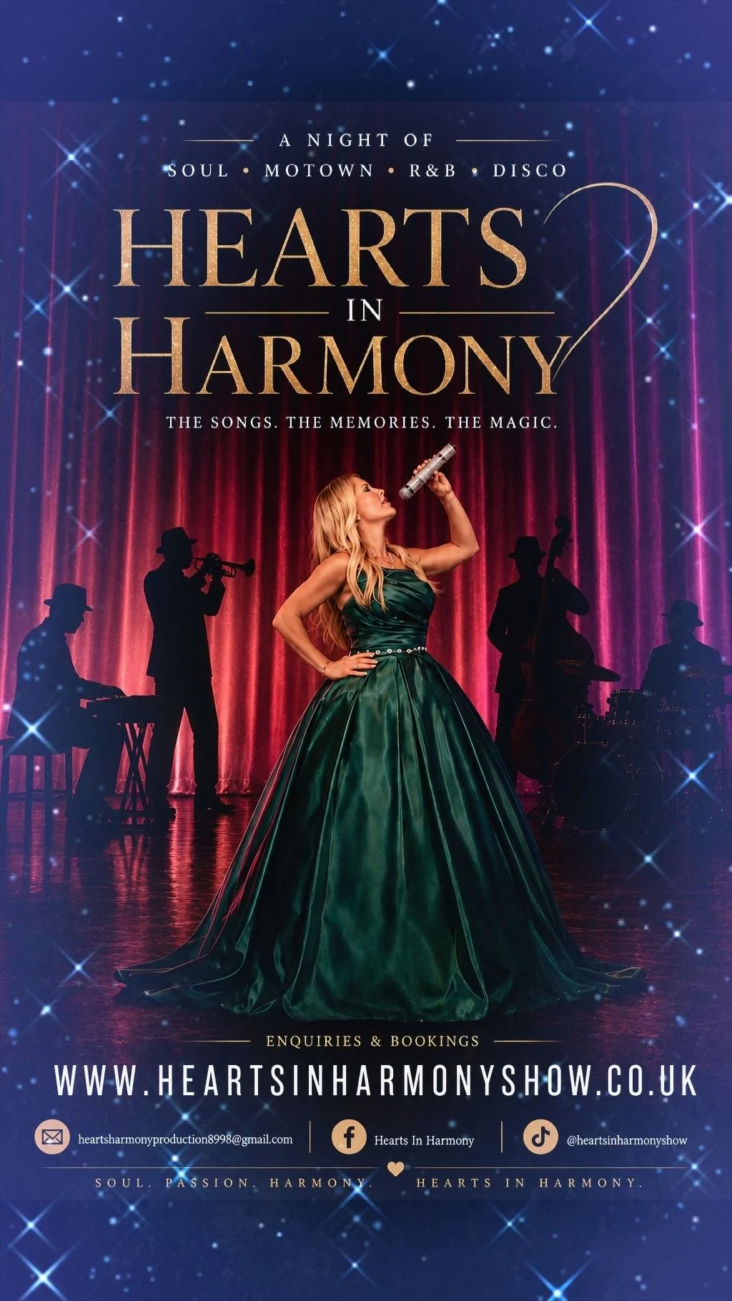Hearts in Harmony show artwork featuring Rachell B on a theatrical stage